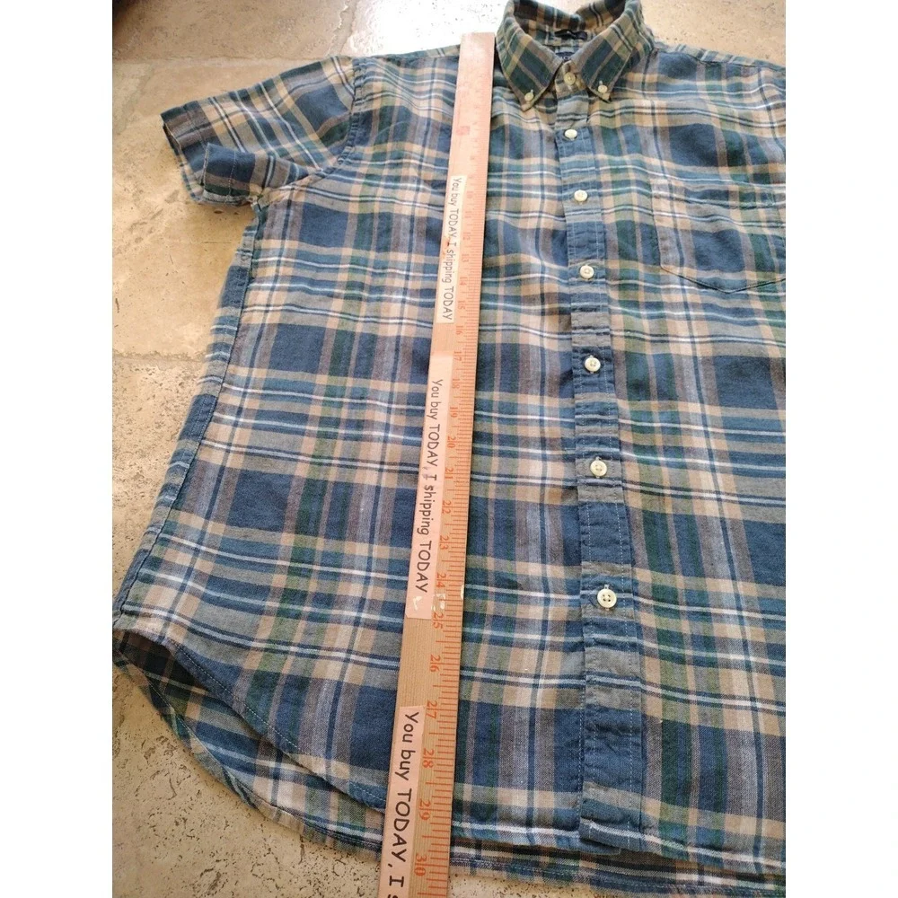 J. Crew Button Down Shirt Man‎ L Green Blue Plaid Short Sleeve Linen Blend Slim